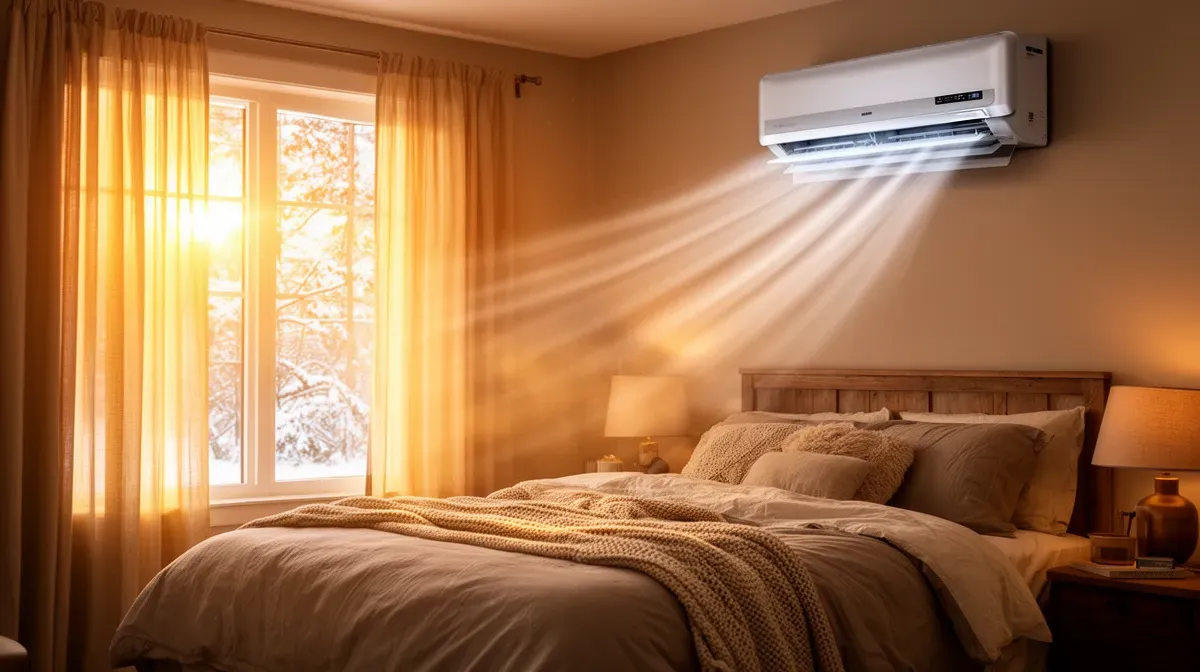 Chambre douillette en hiver avec clim réversible en mode chauffage, lumière dorée