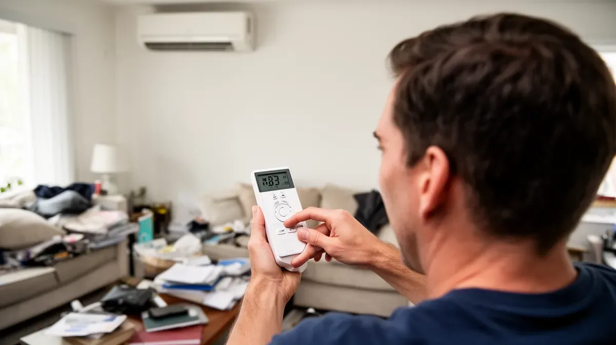 Personne réglant sa climatisation avec une télécommande, expression de frustration