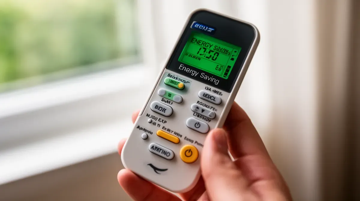 Main tenant une télécommande de climatisation en mode éco