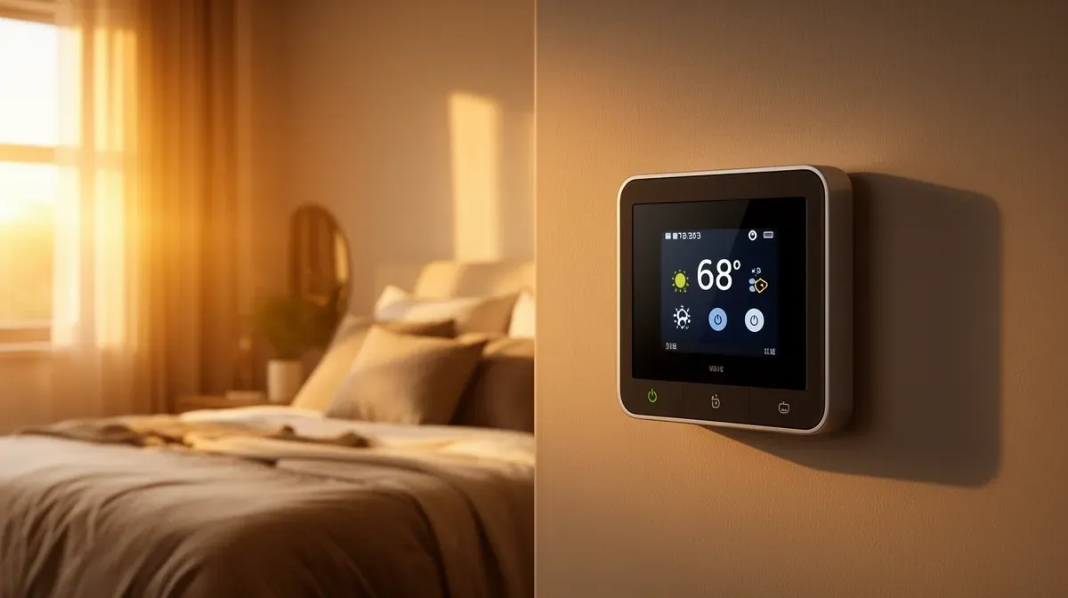 Thermostat moderne dans une chambre élégante baignée de lumière dorée