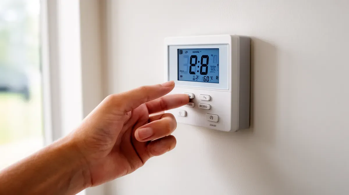 Gros plan sur une main réglant un thermostat mural pour climatisation réversible