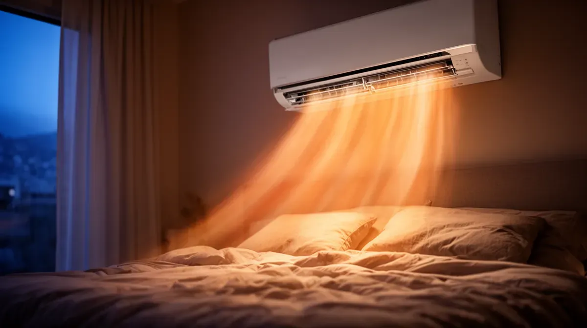 Unité intérieure de climatisation soufflant de l'air chaud dans une chambre confortable