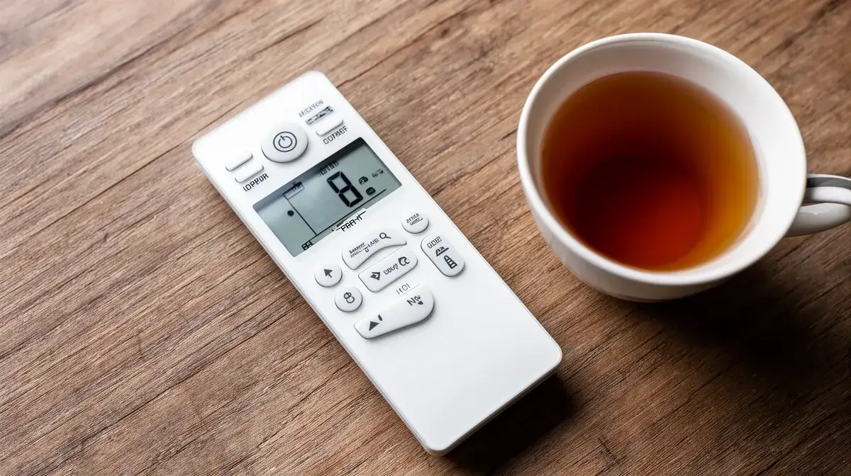 Télécommande de climatisation posée sur une table en bois avec une tasse de thé, vue de dessus