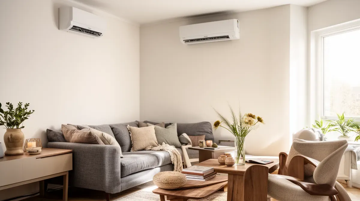 Climatisation réversible installée dans un salon lumineux et moderne