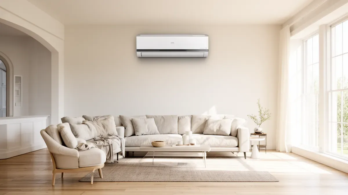 Salon lumineux équipé d'une unité intérieure de climatisation murale
