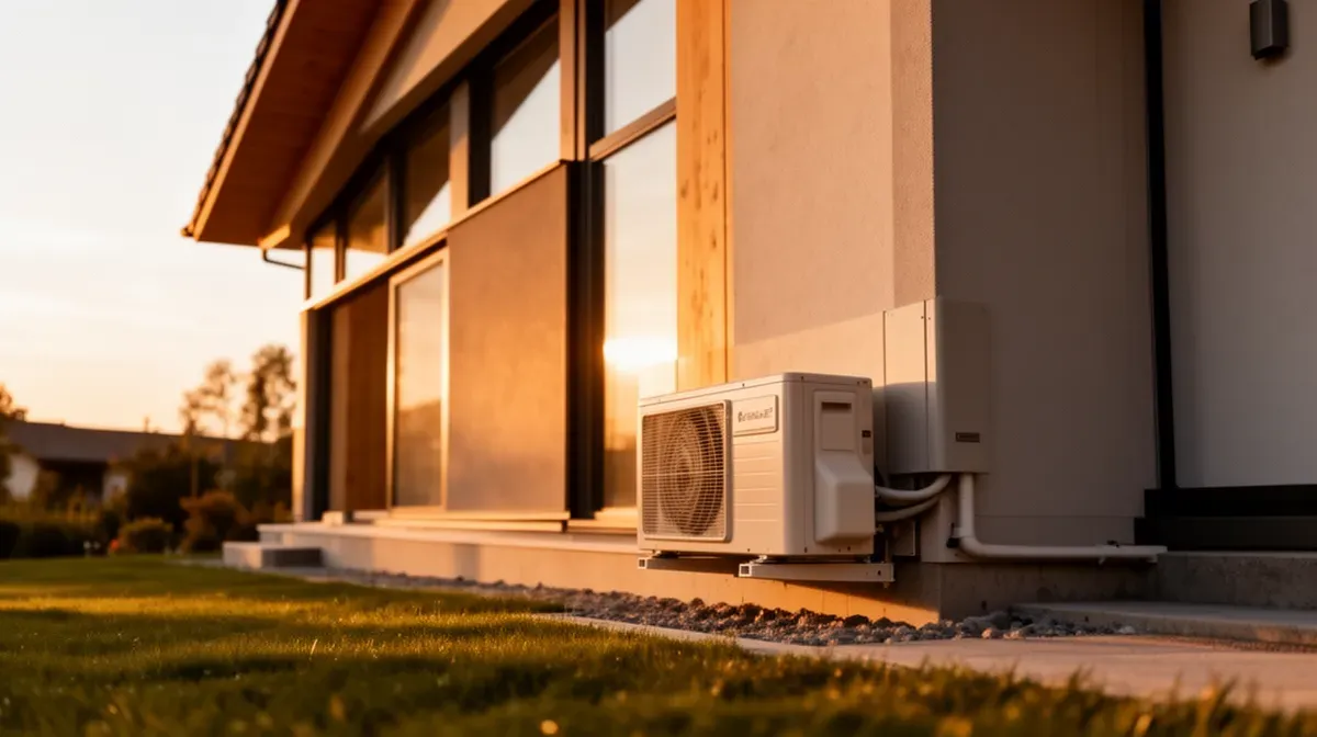 Vue extérieure d'une maison avec une unité extérieure de climatisation unique en fin de journée