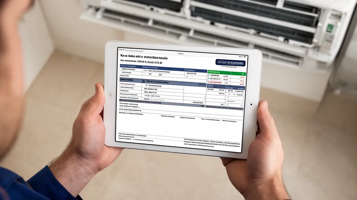Mains d'un technicien tenant une tablette avec un devis pour une installation de climatisation