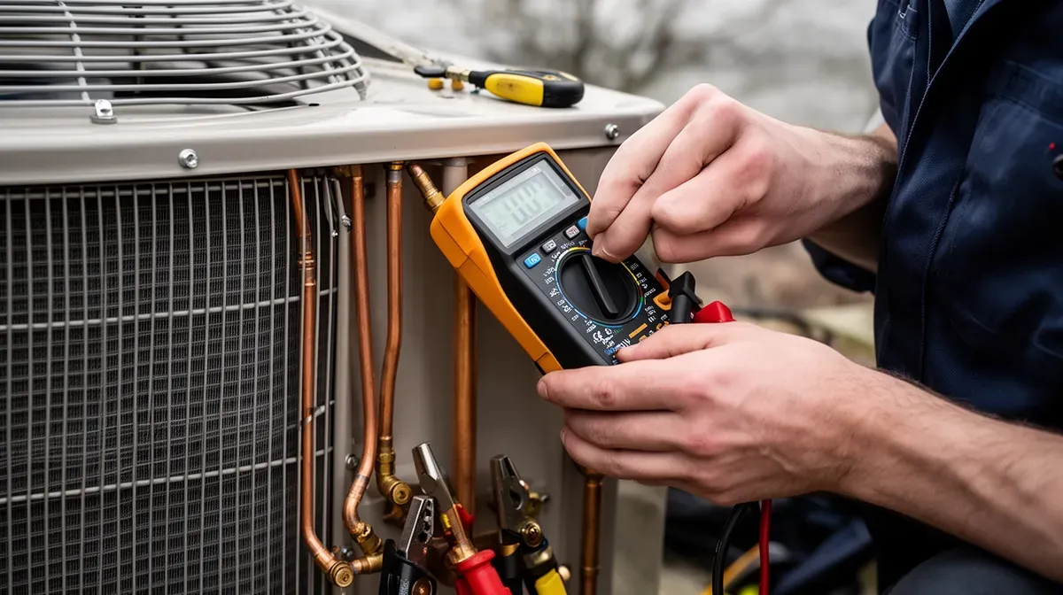 Technicien vérifiant l'unité extérieure d'une climatisation avec un multimètre