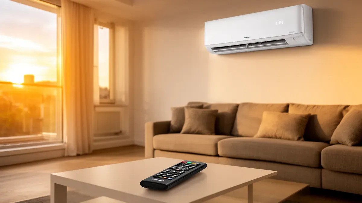 Salon moderne avec climatiseur mural et télécommande posée sur une table basse