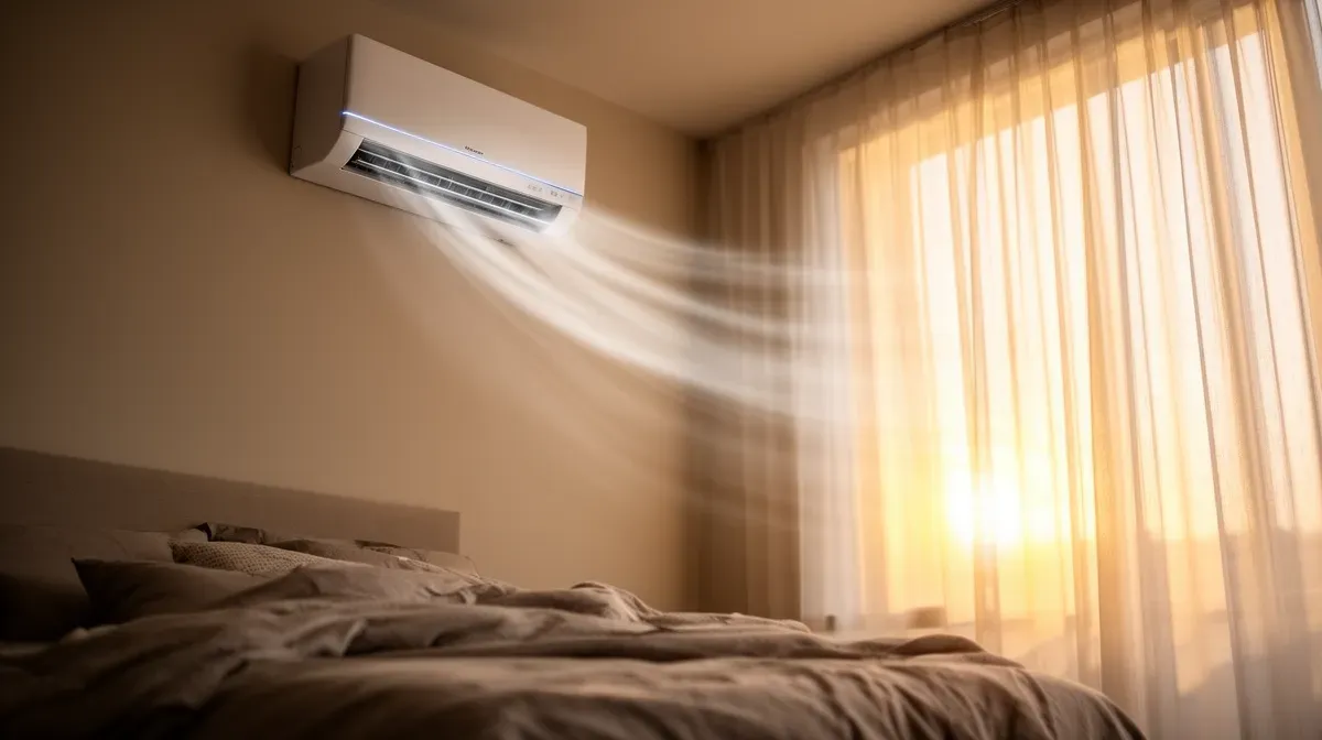 Climatiseur mural silencieux en fonctionnement dans une chambre apaisante