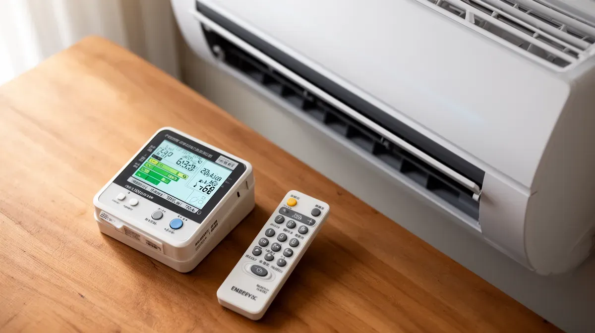 Télécommande et compteur d'énergie illustrant les performances énergétiques d'un climatiseur