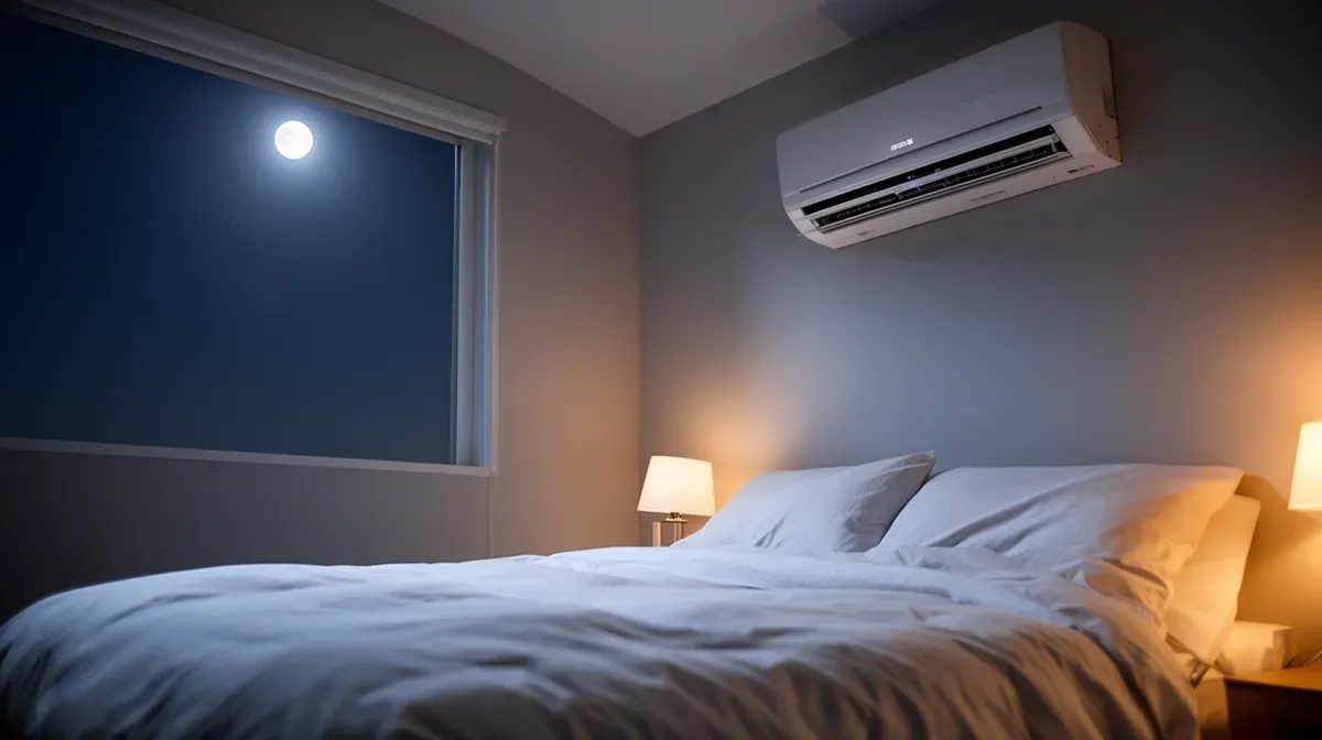Climatiseur silencieux en fonctionnement dans une chambre apaisée la nuit