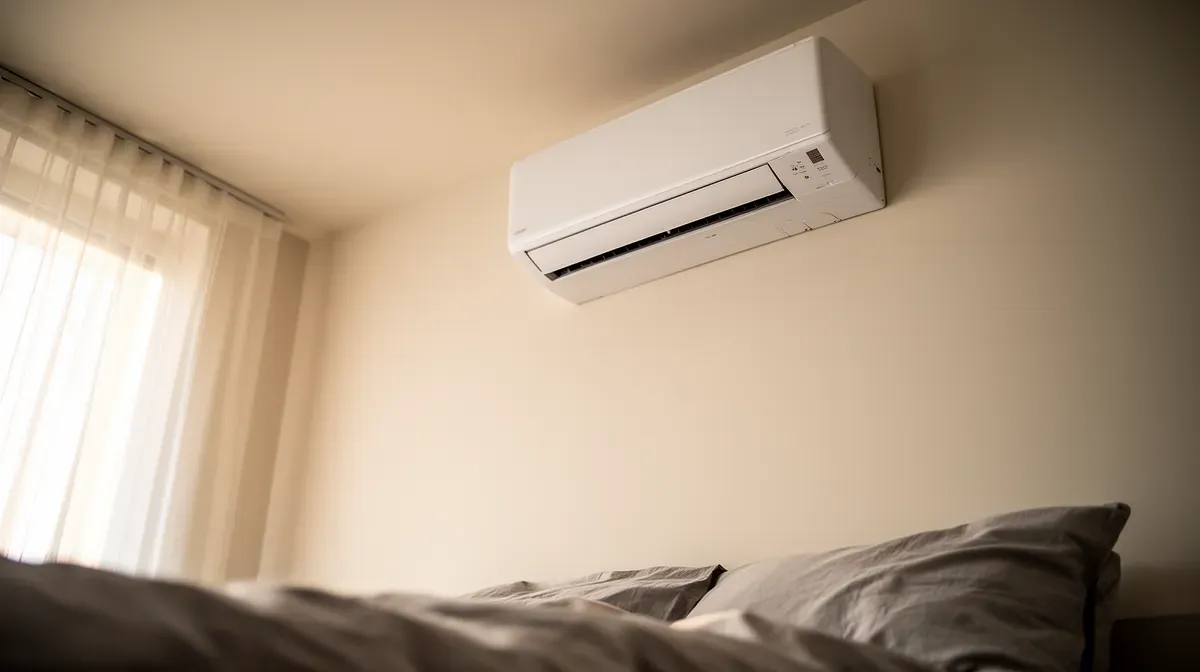 Unité intérieure murale Daikin Perfera installée dans une chambre, vue en contre-plongée