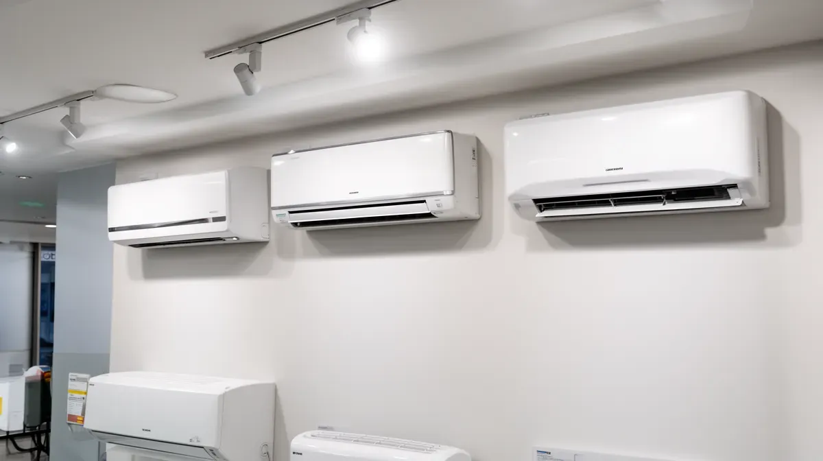 Trois climatiseurs muraux exposés côte à côte dans un showroom
