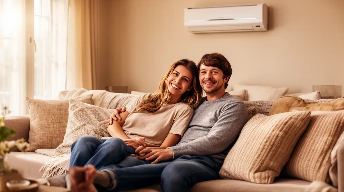 Couple détendu dans un salon climatisé par le Mitsubishi MSZ-AY35VGK