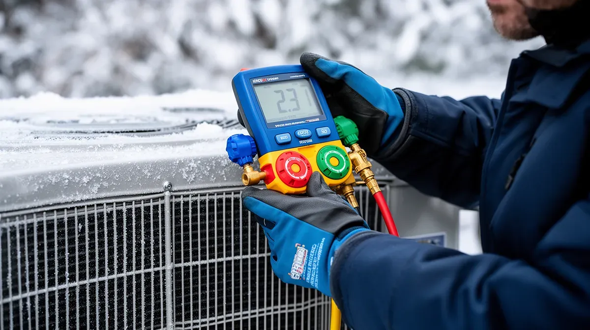 Technicien mesurant les performances d'une pompe à chaleur par grand froid avec un manifold numérique
