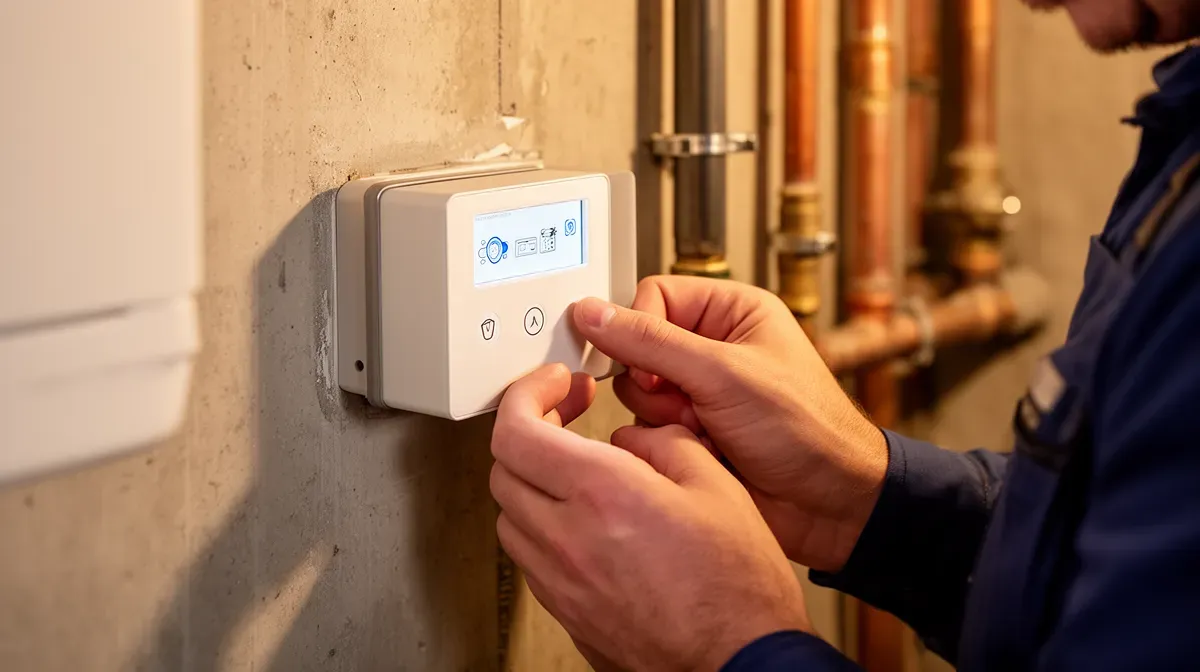 Technicien réglant le thermostat d'une pompe à chaleur Mitsubishi Ecodan