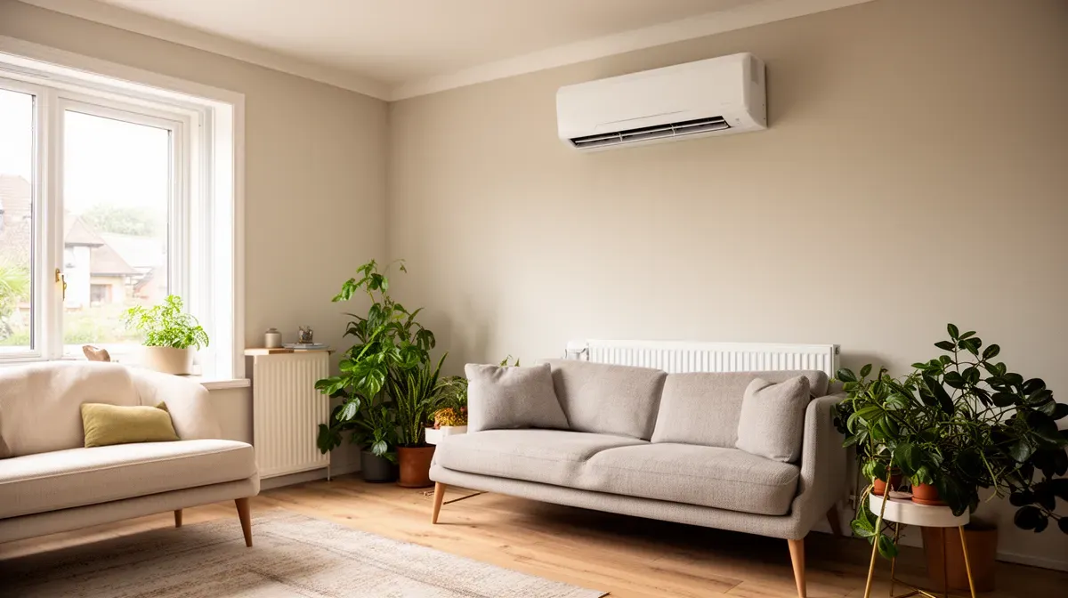 Salon moderne équipé d'un radiateur et d'une unité intérieure de pompe à chaleur