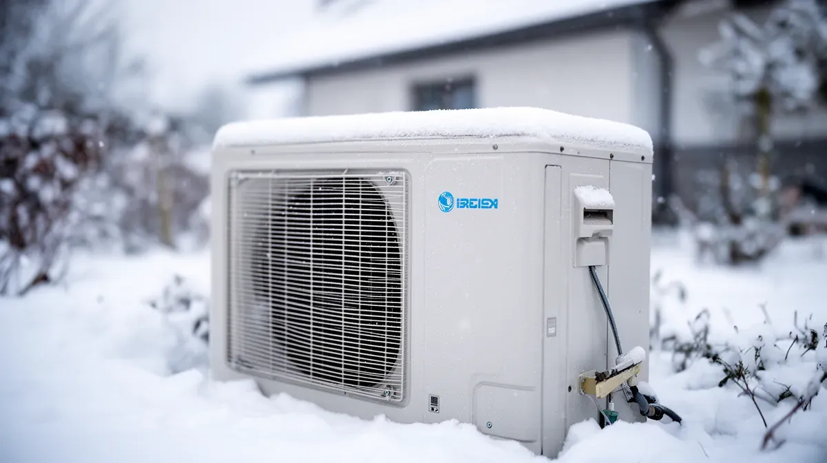 Pompe à chaleur Mitsubishi Ecodan fonctionnant dans un jardin enneigé