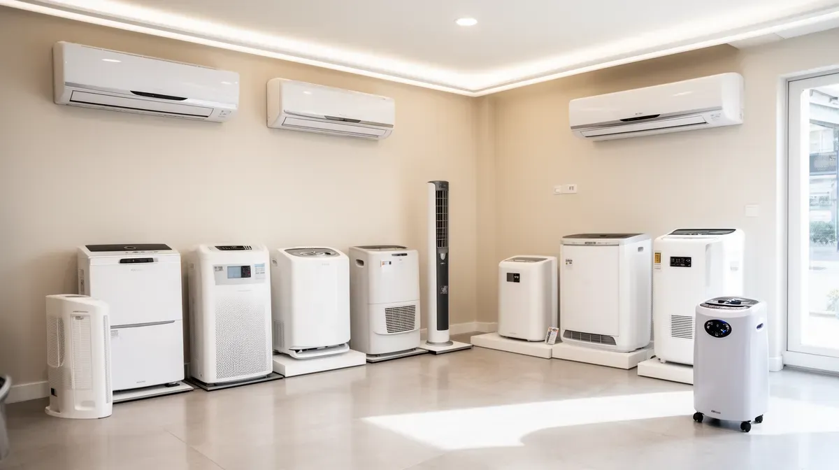 Différents modèles de climatiseurs Toyotomi exposés dans un showroom