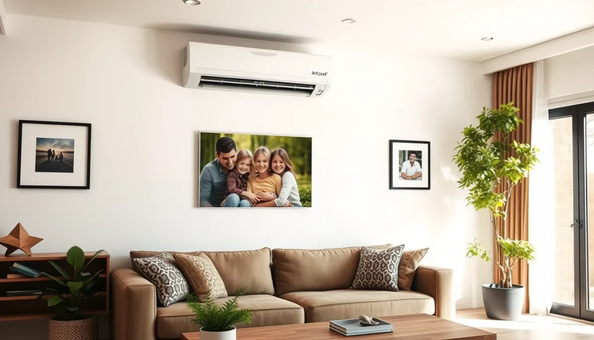 Climatiseur LG Artcool Gallery personnalisé avec une photo de famille dans un salon chaleureux