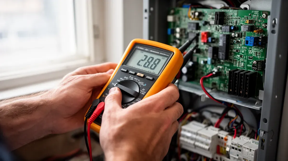 Technicien testant un circuit électronique de climatiseur