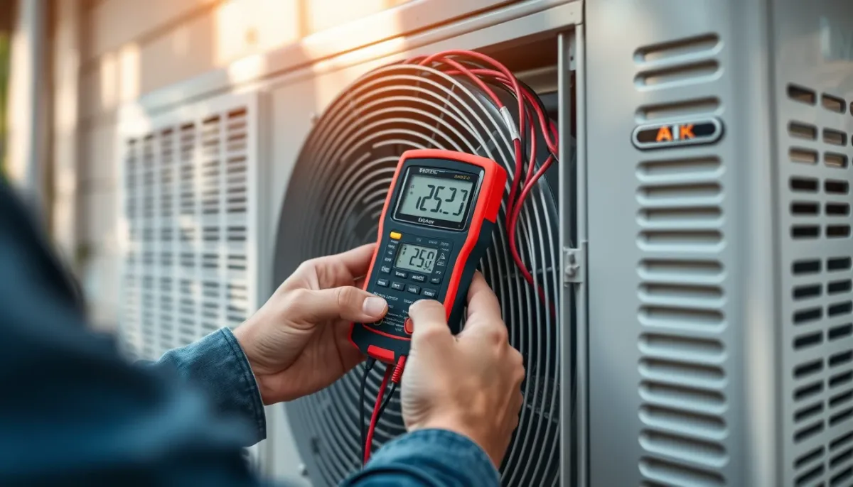 Vérification des connexions électriques sur l'unité extérieure d'une climatisation avec un multimètre