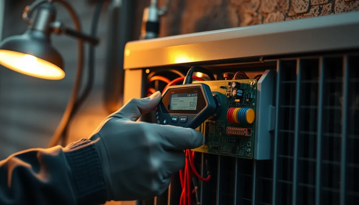 Technicien frigoriste testant la carte électronique d'une unité extérieure de climatisation