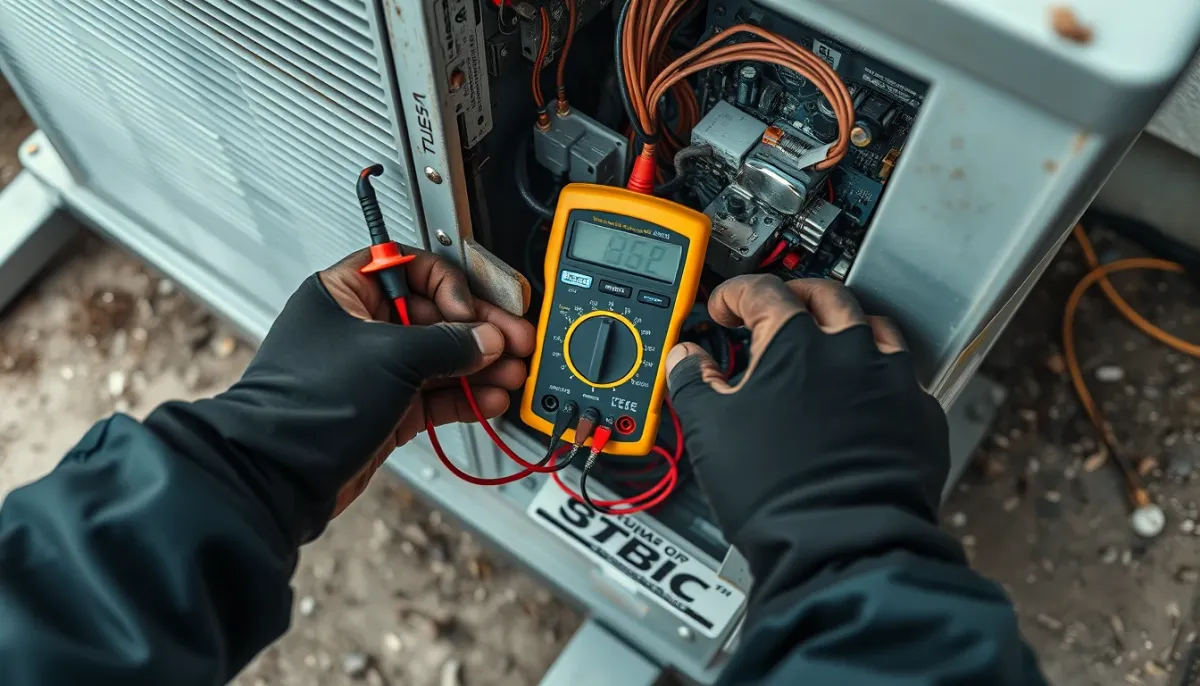 Technicien frigoriste testant une carte électronique de climatisation avec un multimètre