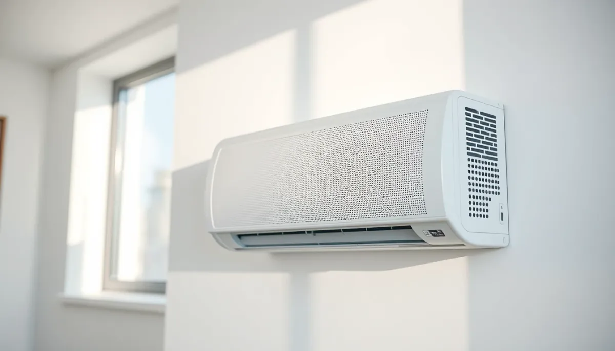 Gros plan sur une unité murale de climatisation avec sa façade micro-perforée, diffusant un flux d'air doux