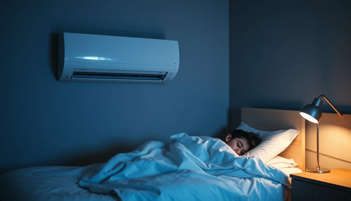 Chambre apaisante la nuit avec climatiseur en mode silencieux, illustrant le confort sans souffle pour le sommeil