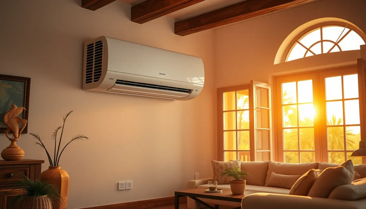 Climatiseur Samsung WindFree installé dans un salon de style méditerranéen, éclairé par la lumière dorée du soir