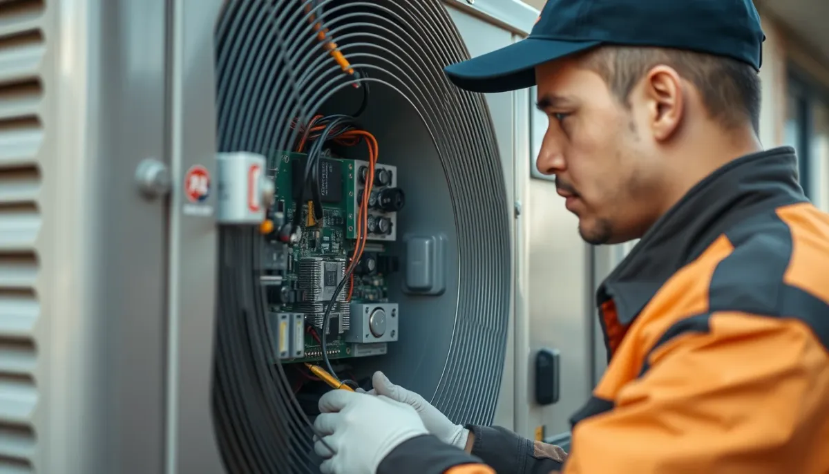 Frigoriste professionnel effectuant un diagnostic sur la carte électronique d'une unité extérieure de climatisation
