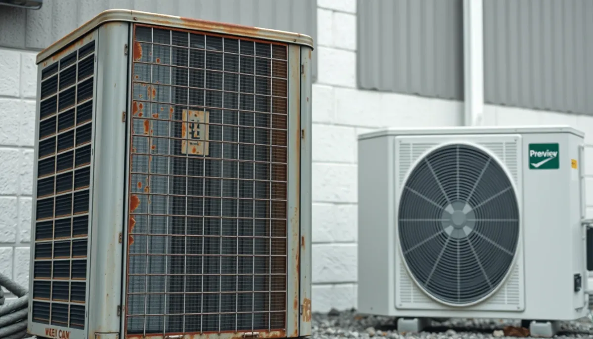 Comparaison entre une ancienne unité extérieure de climatisation usée et un modèle récent