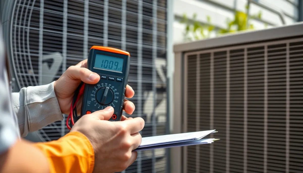 Technicien vérifiant l'unité extérieure d'une climatisation réversible
