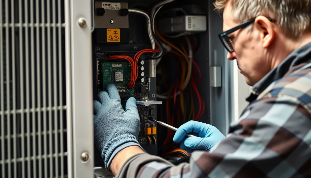 Frigoriste certifié inspectant la carte électronique d'une unité extérieure