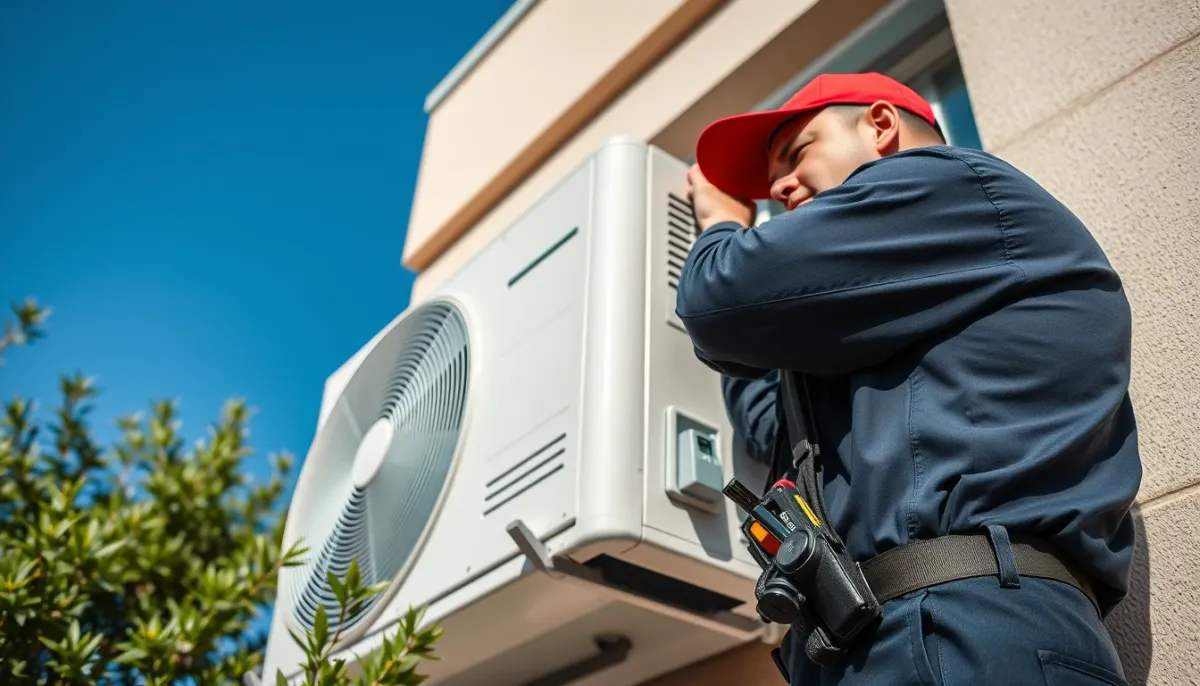Technicien installant une unité extérieure de climatisation sur une façade
