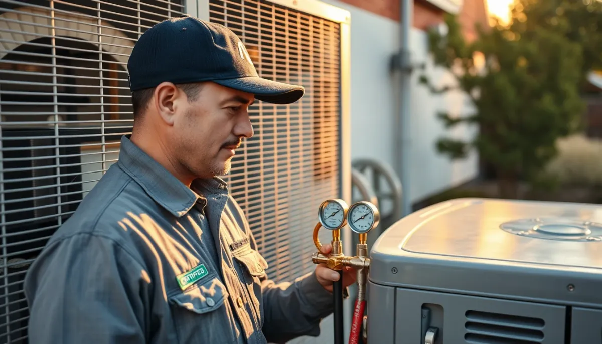 Technicien frigoriste vérifiant une unité extérieure de climatisation