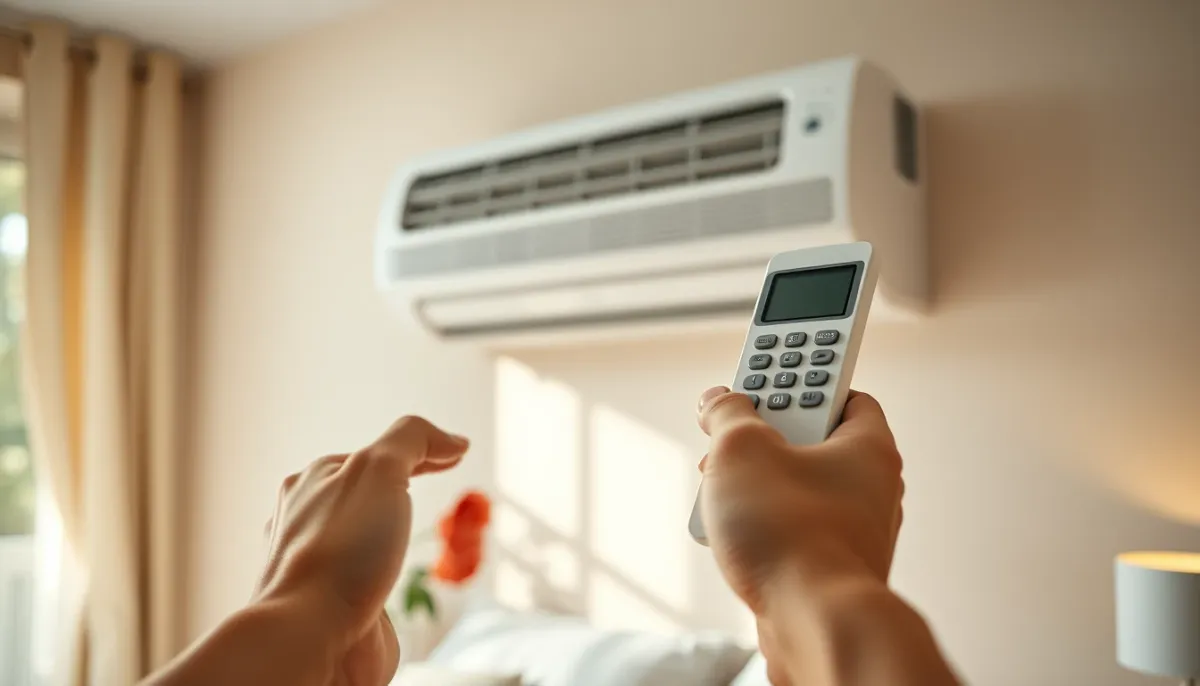 Télécommande pointée vers une unité intérieure de climatisation dans une chambre apaisante
