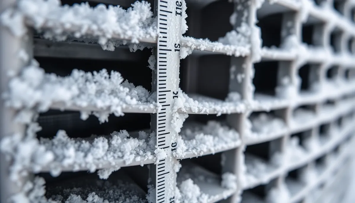 Givre fin sur les ailettes de l'échangeur extérieur d'une climatisation, épaisseur normale de 1 à 2 mm