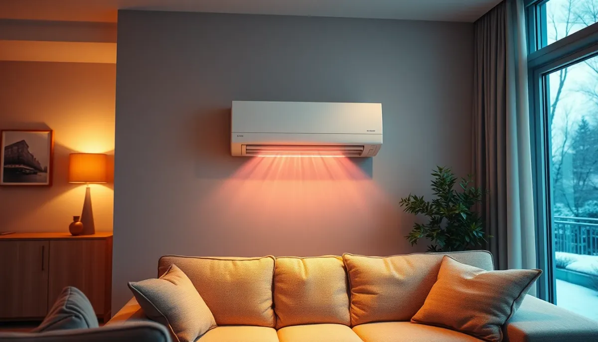 Climatisation réversible en mode chauffage dans un salon confortable
