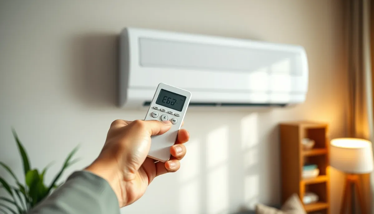 Main tenant une télécommande pointée vers une unité de climatisation murale