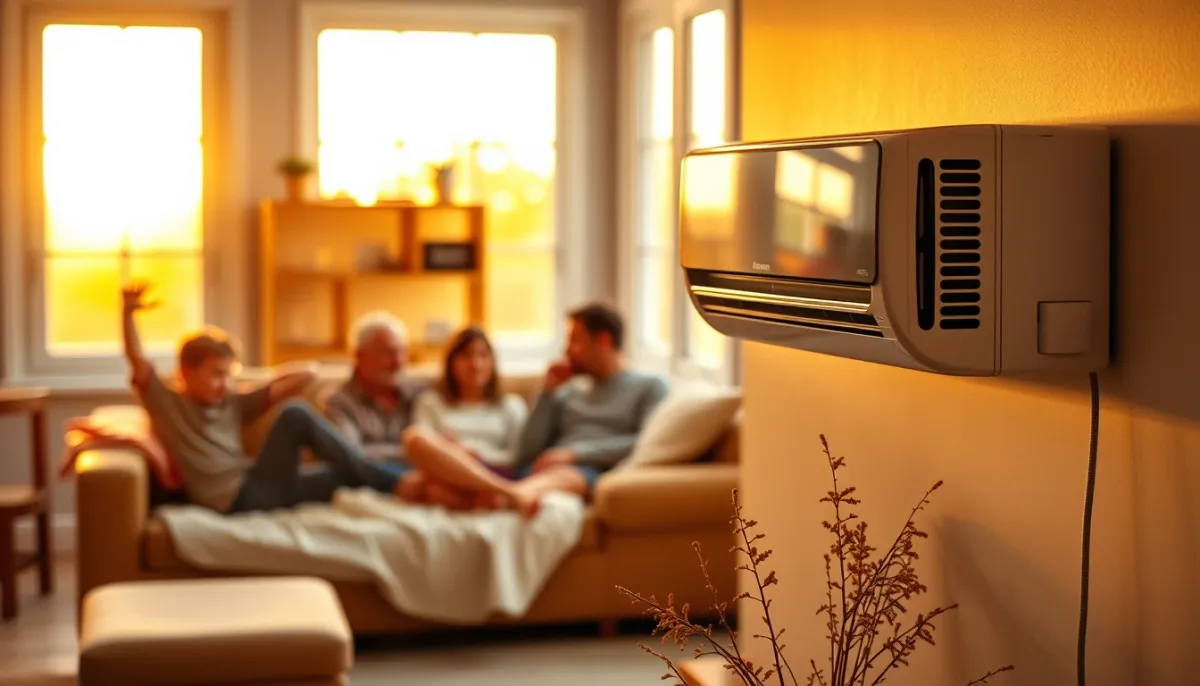 Intérieur confortable avec climatisation murale et famille se détendant