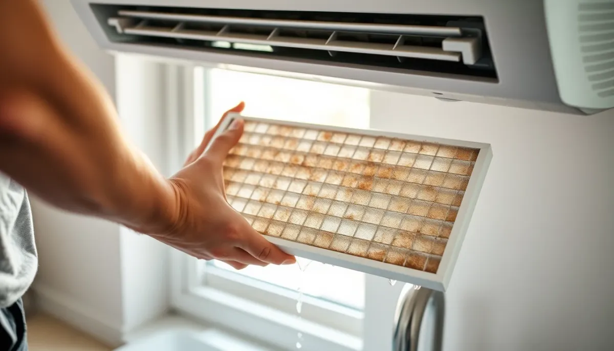 Nettoyage d'un filtre à air encrassé de climatisation split, gros plan sur les mains et le filtre