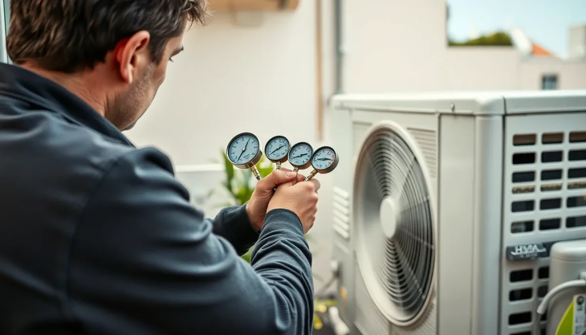 Technicien frigoriste vérifiant les pressions sur l'unité extérieure d'une climatisation