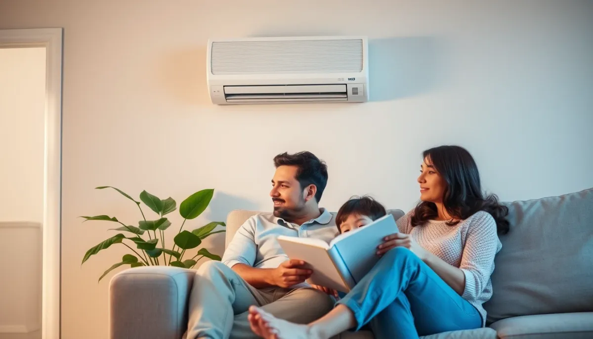 Famille se détendant dans un salon climatisé, illustrant le confort quotidien apporté par une clim Saunier Duval
