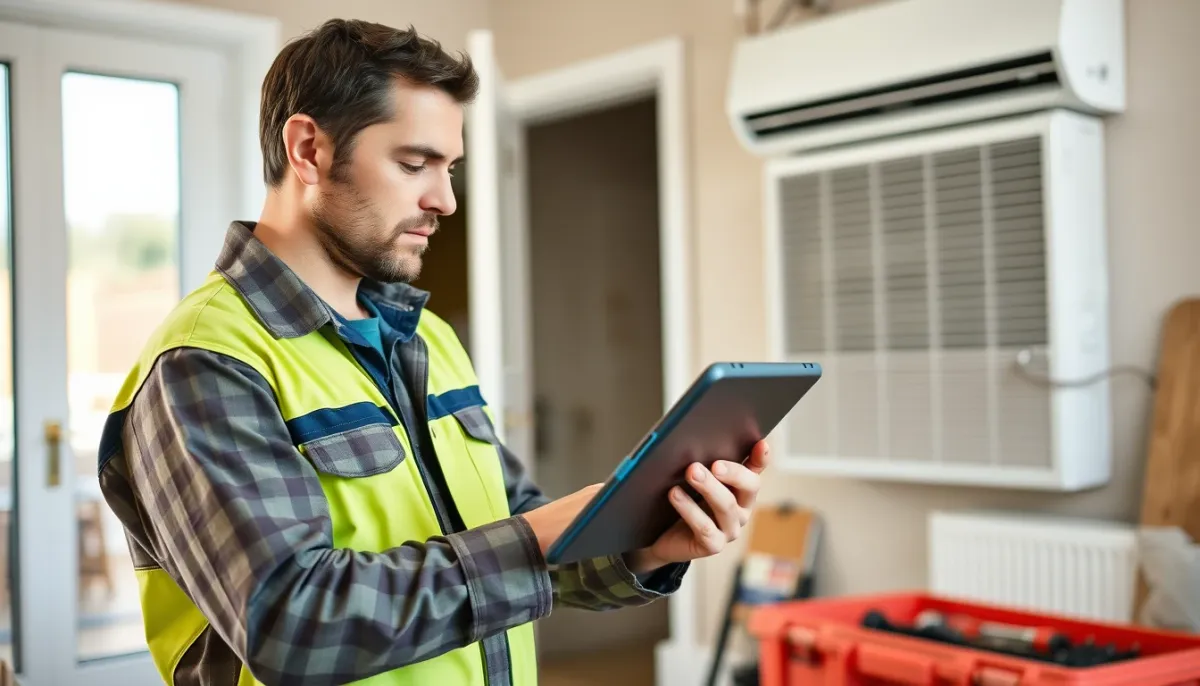Installateur professionnel consultant un devis sur tablette pour une climatisation Saunier Duval
