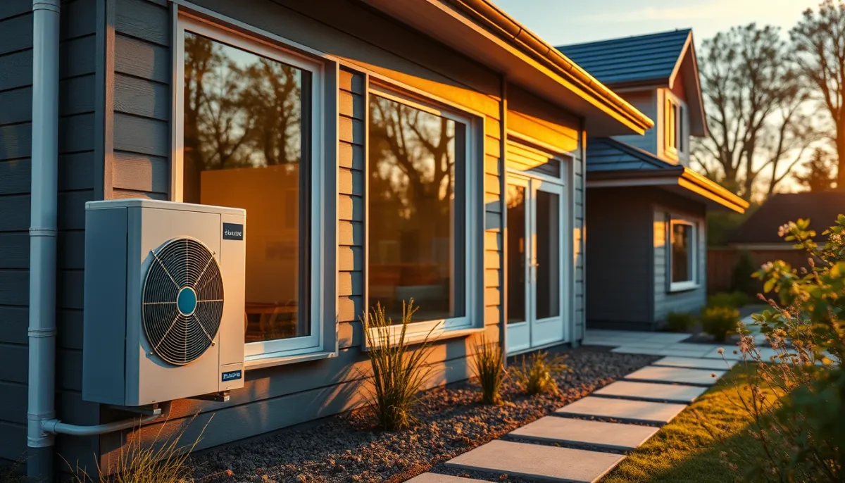 Maison moderne équipée d'une unité extérieure de climatisation, illustrant une installation résidentielle