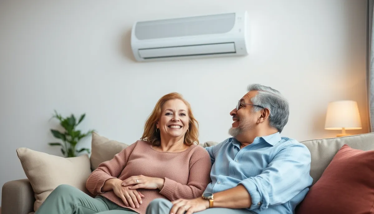 Couple détendu dans un salon climatisé, illustrant le confort apporté par un climatiseur Thermor