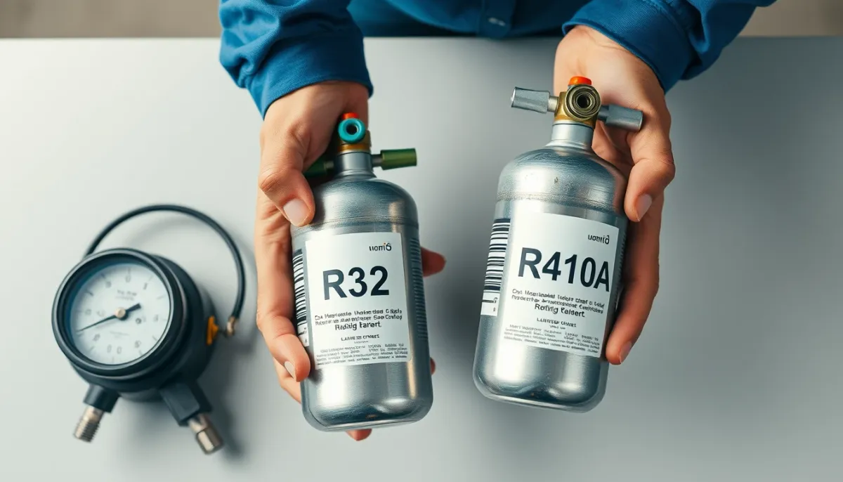 Comparaison de deux bouteilles de fluide frigorigène R32 et R410A sur un établi